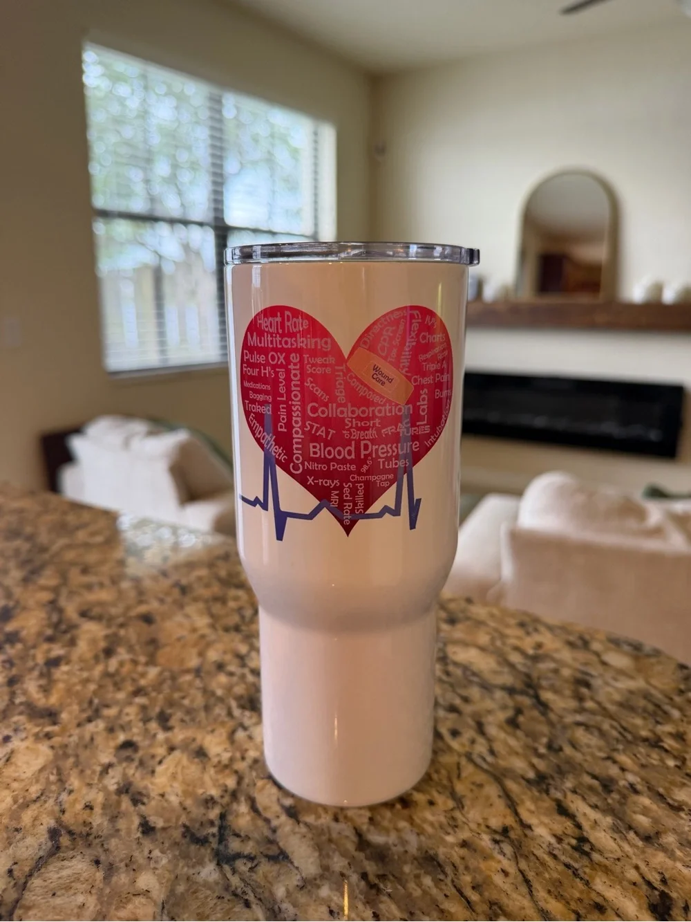 White Heart-Graphic Insulated Tumbler with Pink Heart and Blue EKG Accent